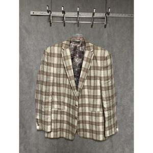 Van‎ Heusen Blazer Men 44R Beige Tartan Plaid Linen Studio Paisley Lining Luxury
